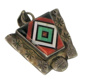VTG BEAUTIFUL NATIVE AMERICAN STERLING SILVER FINE CORAL MOP INLAY PENDANT  - Picture 1 of 2