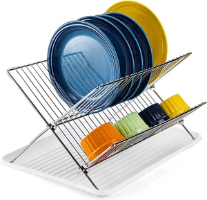 Foldable Dish Drying Rack with Drip Tray, Stainless Steel 2 Tier Dish Drainer Ra - Picture 1 of 9