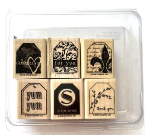 Stampin' Up! Juego de 6 estampillas Too Terrific Tags Yum Always madera de goma retiradas - Imagen 1 de 2