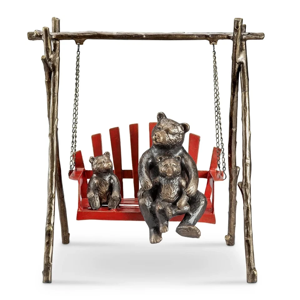 Multicolor Aluminum Iron Bear and Cubs on Porch Swing Sculpture Garden Decor - Image 1 of 1