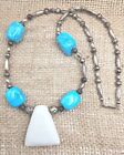Silver Tone Beaded Necklace With Blue & White Stones 22" Stationary Focal