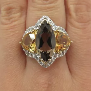 925 Sterling Silver 2-Tone Real Smoky Quartz Citrine & White Topaz Ring Size 7 - Picture 1 of 9