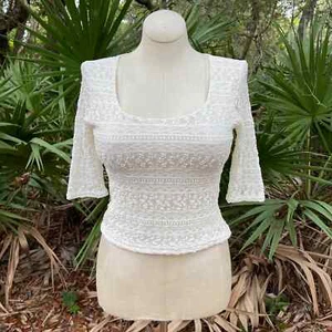 Vintage 90s Bohemian Cream Stretch Lace Blouse Half Sleeve The White House Sz M - Picture 1 of 11