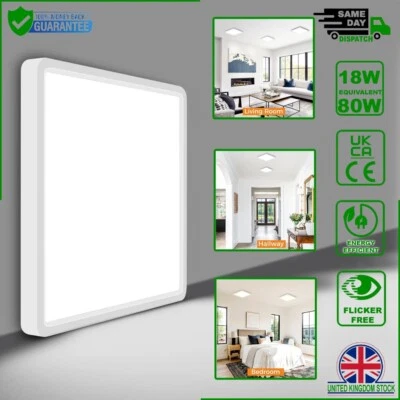 Energy Saving 18W LED Square Ceiling Light 6500K Cool White IP44 Flush UK