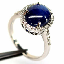 10 X 11 mm. OVAL CABOCHON BLUE SAPPHIRE & WHITE cubic zirconia RING 925 SILVER