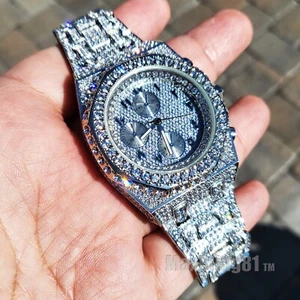 Reloj para hombre con correa helada completa de acero inoxidable enchapado en plata de acero inoxidable árabe simulado - Imagen 1 de 4