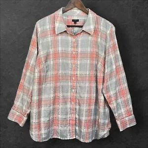 Talbots Top Women Size 2X Multicolor Plaid Button Up Cotton Metallic - Picture 1 of 11