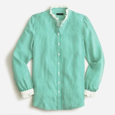 全新带标签 J.CREW $148 Drapey Cupro Blend 荷叶边条纹衬衫白色/绿色 XS 码 — 第 1/4 张图片