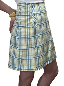 Vtg 70s Sz M Skort Mini Skirt Flap Shorts Blue White Yellow Plaid Textured Weave - Picture 1 of 16