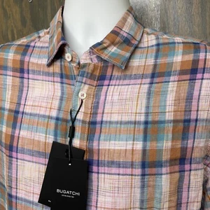 Bugatchi Shaped Fit 100% Fine Linen Shirt Men's S,M or 2XL Plaid Pink NWT $179 - Picture 1 of 5