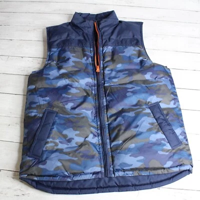 Gap Boy 夹克 Puffer 背心青少年尺寸 XXL 18 海军蓝橙色双面迷彩 — 第 1/4 张图片