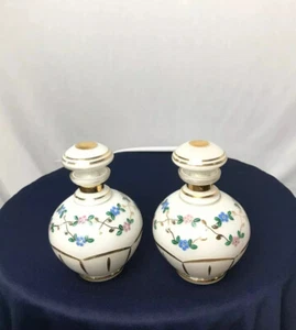 Vintage Satin Glass Vanity Bottle Set Floral with Gold Trim - Perfume Lotions. - Picture 1 of 6