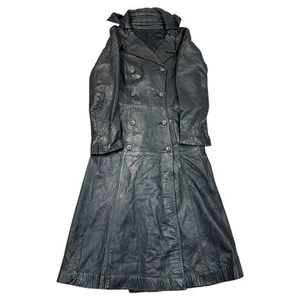 Vintage Leather Trench Coat Jacket Matrix Button Down Long Black Womens XS - Picture 1 of 8