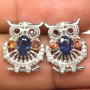 Giff For Her 925 Silver Blue Orange Sapphire, Ruby & Zircon Owl Earrings - Picture 1 of 4
