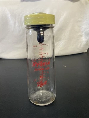 Biberón de vidrio Hygeia vintage, por BALL 8 OZ tapa atornillable tapón para pezones EE. UU. Foto 1 de 4