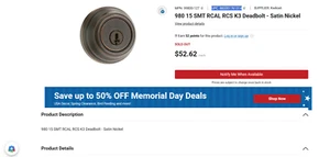 Kwikset 980 15 SMT RCAL RCS K3 Deadbolt - Satin Nickel  MPN: 99800-127 - Picture 1 of 5