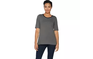 Belle by Kim Gravel Essentials Short Sleeve T-shirt w/ Lace Hthr Grey L A296587j - Picture 1 of 3