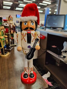GOT1- White Nutcracker W/Christmas Santa Hat Playing Guitar Elvis Similiarity - Picture 1 of 8