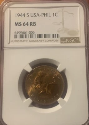 1944-S U.S. Philippines 1 Centavo NGC MS64RB KM#179 - Image 1 of 2
