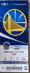 Lakers @ Warriors 2013 NBA Ticket Kobe Bryant 36 Pts Steph Curry 25 Pts - Picture 1 of 1