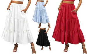 Damen Sommer Boho elastische Taille plissiert A-Linie abgestufter langer Strandrock Kleid - Bild 1 von 11
