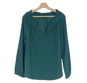 J Crew Crepe Smock Neck Blouse Top Long Sleeves Green Sz M - Picture 1 of 12