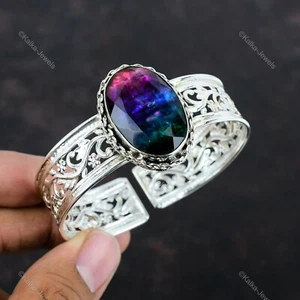 Gift For Her 925 Sterling Silver Natural Ammolite Gemstone Bangle Adjustable - Picture 1 of 6