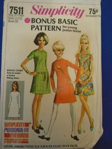 Simplicity Vintage Dress Pattern 7511 Cute Basic Mini Dress Size 11/\12 bust 32 - Picture 1 of 3