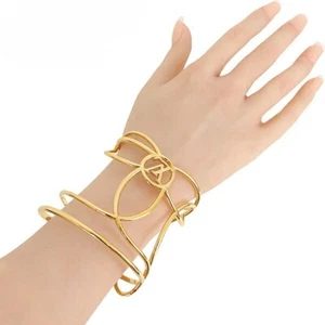 Louis Vuitton M1471M LV Gold Plated Cuff Wide Bangle 6.59 inches M size w/Box - Picture 1 of 11
