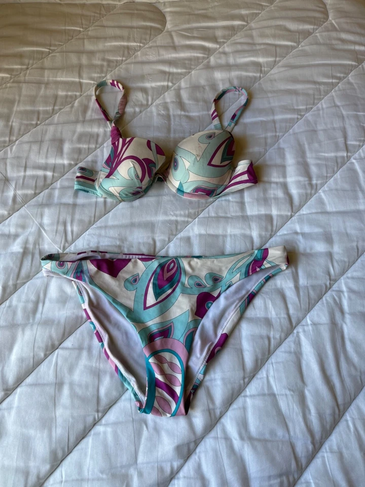 Traje de baño vintage ChANTELLE azul abstracto estampado floral de dos piezas talla pequeña Foto 1 de 4