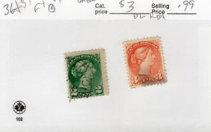CANADA (MK7808) # 36,37c F+ VF-USED 2,3cts 1872 SMALL QUEENS /GREEN,DULL RED - Picture 1 of 1