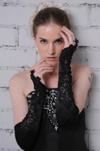 HBH Brauthandschuhe mit Spitze bestickt, ca.45cm lang,Farbe: ivory,schwarz - Bild 1 von 7