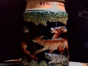 GERMAN BEER STEIN REALLY COOL 3D RELIEF OF STAG'S HERD AND WOLVES OR DOGS - Picture 1 of 9