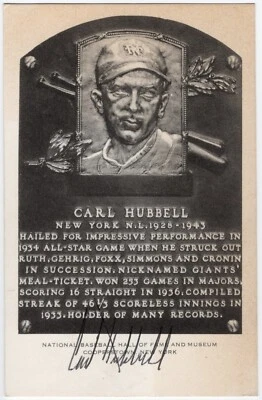 Carl Hubbell Signed Autographed Artvue Hall of Fame HOF Postcard Plaque PSA COA - Image 1 of 3