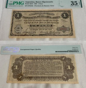 1891  ARGENTINA  BANKNOTE  $ 1 PESO BANCO  HIPOTECARIO   PMG 35 - Picture 1 of 3