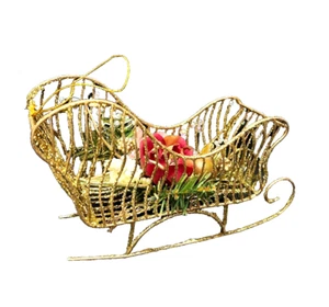 De colección Oro Brillo Navidad Trineo Decoración Metal 8" Vacaciones Floral Inserto Nuevo - Imagen 1 de 8