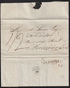 Pergamino GUERNSEY 1828. Carta cargada 1/2d, E. Jones a Paradise St, Birmingham - Imagen 1 de 2