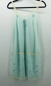 VINTAGE KAYSER NYLON AQUA NIGHTGOWN LACE STRAPS MED FLORAL EMBROIDERED LINGERIE - Picture 1 of 11
