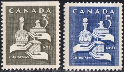 TAGGED 1965 CANADA 3¢ & 5¢ CHRISTMAS 3 MAGI STAMPS, MINT MNH, Scott #443p, 444p - Image 1 of 4