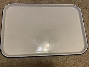 Vtg White Porcelain Enamel Farmhouse Serve Tray 19 x12 3/4" Blue Trim - Picture 1 of 7