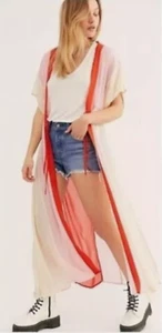 NFC X FREE PEOPLE PINK SHEER CHIFFON COLORBLOCK KIMONO TOP DUSTER ONE SIZE - Picture 1 of 8