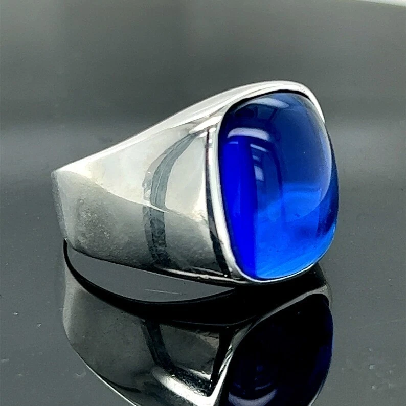 Anillo clásico de plata de ley 925 pulido con sello de zafiro azul para hombre Foto 1 de 4