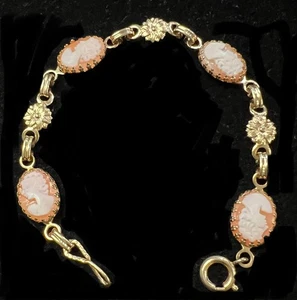 Vintage 1/20 12K Shell Cameo & Flower Link Bracelet 7.75”——730 - Picture 1 of 6