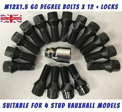 Black Wheel Bolts + Locks Fits Vauxhall Adan Astra Corsa M12x1.5 26mm Alloy - Image 1 of 2