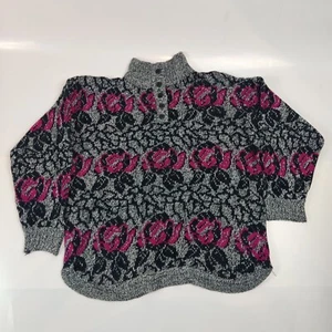Erika Size Medium Grey & Pink Rose Knit Jumper VTG 80s Pullover Nordic Curvy Hem - Picture 1 of 10