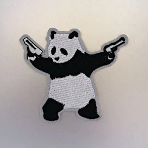 Panda with Guns Patch - Iron On Badge Embroidered Motif - Bear Funny #299 - Picture 1 of 2