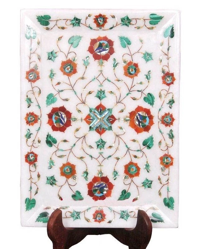 Bandeja de mármol de 12" x 9" pequeña incrustación de mosaico de marquetería piedra semipreciosa decoración del hogar Foto 1 de 1