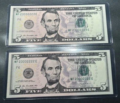 2013 $5 Dollar Bills VERY RARE Consecutive Binary Pair - Uncirculated Notes - Image 1 of 2