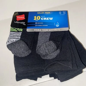 Hanes Boys Cushion Crew Socks 10 pairs Black New LG 3-9 New - Picture 1 of 5