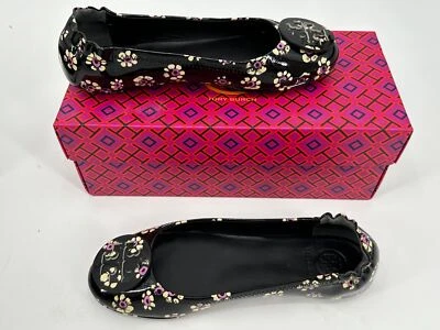 Tory Burch 平底芭蕾米妮花卉女式 5 黑色全新全新带盒 N22 — 第 1/4 张图片